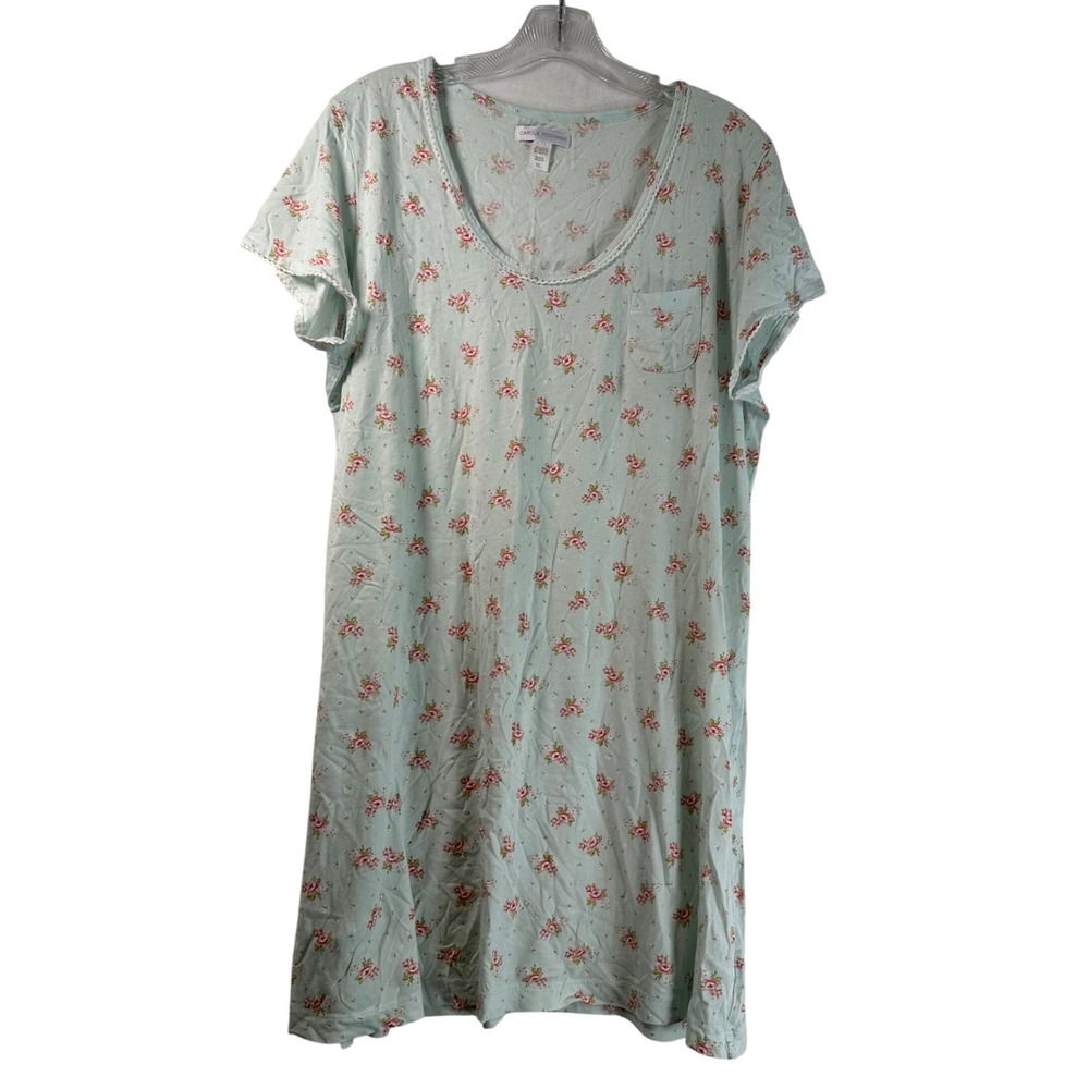 Carole Hochman Womens XL Mint Blue Pink Floral Cotton Lace Trim Nightgown 35in